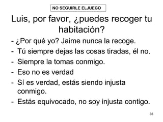 35
Luis, por favor, ¿puedes recoger tu
habitación?
- ¿Por qué yo? Jaime nunca la recoge.
- Tú siempre dejas las cosas tiradas, él no.
- Siempre la tomas conmigo.
- Eso no es verdad
- Sí es verdad, estás siendo injusta
conmigo.
- Estás equivocado, no soy injusta contigo.
NO SEGUIRLE ELJUEGO
 
