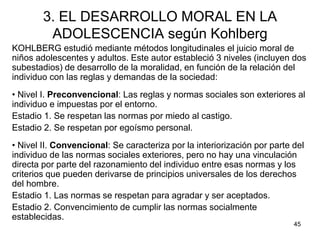 45
3. EL DESARROLLO MORAL EN LA
ADOLESCENCIA según Kohlberg
KOHLBERG estudió mediante métodos longitudinales el juicio moral de
niños adolescentes y adultos. Este autor estableció 3 niveles (incluyen dos
subestadios) de desarrollo de la moralidad, en función de la relación del
individuo con las reglas y demandas de la sociedad:
• Nivel I. Preconvencional: Las reglas y normas sociales son exteriores al
individuo e impuestas por el entorno.
Estadio 1. Se respetan las normas por miedo al castigo.
Estadio 2. Se respetan por egoísmo personal.
• Nivel II. Convencional: Se caracteriza por la interiorización por parte del
individuo de las normas sociales exteriores, pero no hay una vinculación
directa por parte del razonamiento del individuo entre esas normas y los
criterios que pueden derivarse de principios universales de los derechos
del hombre.
Estadio 1. Las normas se respetan para agradar y ser aceptados.
Estadio 2. Convencimiento de cumplir las normas socialmente
establecidas.
 
