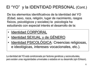 6
• Identidad CORPORAL
• Identidad SEXUAL y de GÉNERO
• Identidad PSICOLÓGICA: Creencias religiosas,
e ideológicas, intereses vocacionales, etc.).
De los elementos identificativos de la identidad del YO
(Edad, sexo, raza, religión, lugar de nacimiento, rasgos
físicos, psicológicos y sociales) la psicología ha
estudiando con especial interés el desarrollo de la:
El “YO” y la IDENTIDAD PERSONAL (Cont.)
La identidad del YO está condicionada por factores genéticos y socioculturales,
pero existen unas regularidades universales o estadios en su desarrollo (ejm Erikson).
 