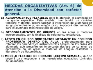 1
MEDIDAS ORGANIZATIVAS (Art. 6) de
Atención a la Diversidad con carácter
general.-
a) AGRUPAMIENTOS FLEXIBLES para la atención al alumnado en
un grupo específico. Esta medida, que tendrá un carácter
temporal y abierto, deberá facilitar la integración del alumnado en
su grupo ordinario y, en ningún caso, supondrá discriminación
para el alumnado más necesitado de apoyo.
b) DESDOBLAMIENTOS DE GRUPOS en las áreas y materias
instrumentales, con la finalidad de reforzar su enseñanza.
c) APOYO EN GRUPOS ORDINARIOS MEDIANTE UN SEGUNDO
PROFESOR/A DENTRO DEL AULA, preferentemente para
reforzar los aprendizajes instrumentales básicos en los casos del
alumnado que presente un importante desfase en su nivel de
aprendizaje en las áreas o materias de Lengua castellana y
literatura y de Matemáticas.
d) MODELO FLEXIBLE DE HORARIO LECTIVO SEMANAL, que se
seguirá para responder a las necesidades educativas concretas
del alumnado.
 