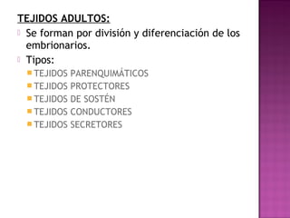 TEJIDOS ADULTOS:
 Se forman por división y diferenciación de los
  embrionarios.
 Tipos:
  TEJIDOS   PARENQUIMÁTICOS
  TEJIDOS   PROTECTORES
  TEJIDOS   DE SOSTÉN
  TEJIDOS   CONDUCTORES
  TEJIDOS   SECRETORES
 