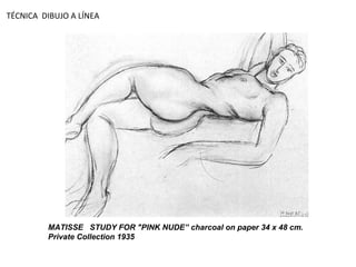 TÉCNICA  DIBUJO A LÍNEA MATISSE  STUDY FOR "PINK NUDE” charcoal on paper  34 x 48 cm. Private Collection  1935 
