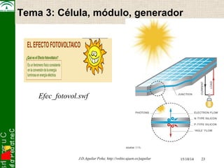 snI . o s r uC 
C e n t r o d e P r o f e s J.D.Aguilar Peña; http://voltio.ujaen.es/jaguilar 15/10/14 23 
Tema 3: Célula, módulo, generador 
Efec_fotovol.swf 
 