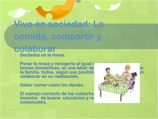 Vivo en sociedad: La
comida, compartir y
colaborar
 Sentados en la mesa.
 Poner la mesa y recogerla al igual que el resto de as
 tareas domesticas, es una labor de todos los miembros de
 la familia. todos, según sus posibilidades y su edad, deben
 colaborar en su realización.
 Saber comer como los demás.
 El manejo correcto de los cubiertos y la servilleta es
 muestra de buena educacion y respeto hacia los
 comensales.
 