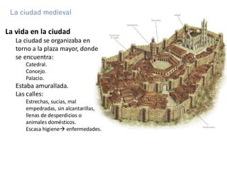 La ciudad medieval
La vida en la ciudad
La ciudad se organizaba en
torno a la plaza mayor, donde
se encuentra:
Catedral.
Concejo.
Palacio.
Estaba amurallada.
Las calles:
Estrechas, sucias, mal
empedradas, sin alcantarillas,
llenas de desperdicios o
animales domésticos.
Escasa higiene→ enfermedades.
 