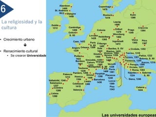 • Crecimiento urbano

• Renacimiento cultural
• Se crearon Universidades por toda Europa.
6
La religiosidad y la
cultura
 