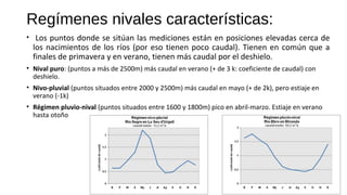 Regímenes nivales características:
• Los puntos donde se sitúan las mediciones están en posiciones elevadas cerca de
los nacimientos de los ríos (por eso tienen poco caudal). Tienen en común que a
finales de primavera y en verano, tienen más caudal por el deshielo.
• Nival puro: (puntos a más de 2500m) más caudal en verano (+ de 3 k: coeficiente de caudal) con
deshielo.
• ​Nivo-pluvial​ (puntos situados entre 2000 y 2500m) más caudal en mayo (+ de 2k), pero estiaje en
verano (-1k)
• Régimen pluvio-nival​ (puntos situados entre 1600 y 1800m) pico en abril-marzo. Estiaje en verano​
hasta otoño
 