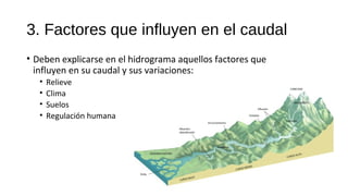 3. Factores que influyen en el caudal
• Deben explicarse en el hidrograma aquellos factores que
influyen en su caudal y sus variaciones:
• Relieve
• Clima
• Suelos
• Regulación humana
 