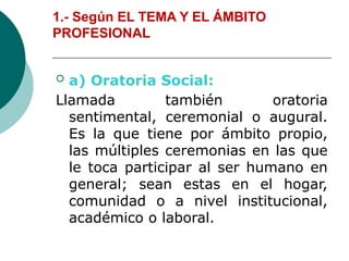 1.- Según EL TEMA Y EL ÁMBITO
PROFESIONAL
 a) Oratoria Social:
Llamada también oratoria
sentimental, ceremonial o augural.
Es la que tiene por ámbito propio,
las múltiples ceremonias en las que
le toca participar al ser humano en
general; sean estas en el hogar,
comunidad o a nivel institucional,
académico o laboral.
 