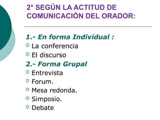 2° SEGÚN LA ACTITUD DE
COMUNICACIÓN DEL ORADOR:
1.- En forma Individual :
 La conferencia
 El discurso
2.- Forma Grupal
 Entrevista
 Forum.
 Mesa redonda.
 Simposio.
 Debate
 