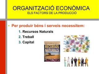 ORGANITZACIÓ ECONÒMICA
ELS FACTORS DE LA PRODUCCIÓ
 Per produir béns i serveis necessitem:
1. Recursos Naturals
2. Treball
3. Capital
 