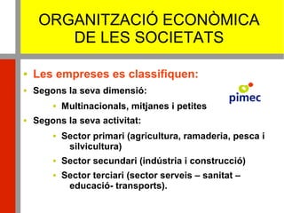 ORGANITZACIÓ ECONÒMICA
DE LES SOCIETATS
 Les empreses es classifiquen:
 Segons la seva dimensió:
 Multinacionals, mitjanes i petites
 Segons la seva activitat:
 Sector primari (agricultura, ramaderia, pesca i
silvicultura)
 Sector secundari (indústria i construcció)
 Sector terciari (sector serveis – sanitat –
educació- transports).
 