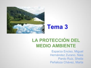 Tema 3
LA PROTECCIÓN DEL
MEDIO AMBIENTE
Esparza Enciso, Miguel
Hernández Zurano, Naia
Pardo Ruiz, Sheila
Peñaloza Chávez, Marta

 