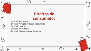 Direitos do
consumidor
Direito à Informação.
Direito à Proteção da Saúde e Segurança
Direito à Escolha
Direito à Indenização
Direito à Educação para o Consumo
 