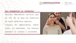 Los elementos no verbales:
Gestos: Mehrabian calculó que
el 55% de lo que se comunica
se hace mediante gestos.
Cuerpo: Es importante, sobre
todo, no mantener los brazos
pegados al cuerpo o cruzados.
 