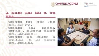 La fluidez viene dada en tres
áreas:
• Capacidad para crear ideas
(área creativa).
• Capacidad para producir,
expresar y relacionar palabras
(área lingüística).
• Capacidad para conocer el
significado de las palabras
(área semántica).
 