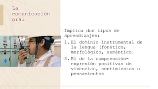 Implica dos tipos de
aprendizajes:
1. El dominio instrumental de
la lengua (fonético,
morfológico, semántico.
2. El de la comprensión-
expresión positivas de
vivencias, sentimientos o
pensamientos
La
comunicación
oral
 