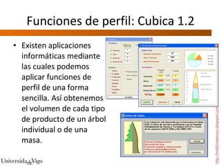 Funciones de perfil: Cubica 1.2 Existen aplicaciones informáticas mediante las cuales podemos aplicar funciones de perfil de una forma sencilla. Así obtenemos el volumen de cada tipo de producto de un árbol individual o de una masa.  http://hmbEndeavour.blogspot.com 
