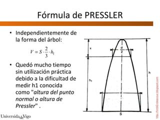Fórmula de PRESSLER Independientemente de la forma del árbol: Quedó mucho tiempo sin utilización práctica debido a la dificultad de medir h1 conocida como " altura del punto normal o altura de Pressler " . http://hmbEndeavour.blogspot.com 