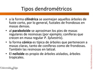 Tipos dendrométricos a la forma  cilíndrica  se asemejan aquellos árboles de fuste corto, por lo general, fustales de frondosas en masas densas. al  paraboloide  se aproximan los pies de masas regulares de resinosas (por ejemplo; coníferas que crecen en masa regular  P. Sylvestris ). la forma  cónica  es típica de árboles que pertenecen a masas claras, tanto de coníferas como de frondosas.  También las resinosas en latizal.  El  neiloide  es propio de árboles aislados, árboles tropicales. http://hmbEndeavour.blogspot.com 