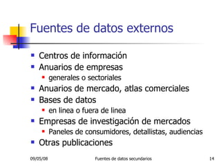 Fuentes de datos externos Centros de información Anuarios de empresas  generales o sectoriales Anuarios de mercado, atlas comerciales Bases de datos  en linea o fuera de linea Empresas de investigación de mercados Paneles de consumidores, detallistas, audiencias Otras publicaciones 