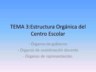 TEMA 3:Estructura Orgánica del Centro Escolar - Órganos de gobierno - Órganos de coordinación docente - Órganos de representación. 