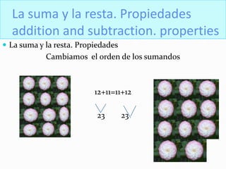 La suma y la resta. Propiedades
  addition and subtraction. properties
 La suma y la resta. Propiedades
            Cambiamos el orden de los sumandos



                          12+11=11+12

                           23       23
 