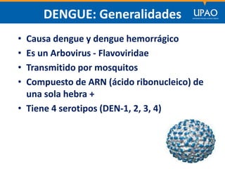 SECCIÓN DE POSTGRADO DE CIENCIAS DE LA COMUNICACIÓN
DENGUE: Generalidades
• Causa dengue y dengue hemorrágico
• Es un Arbovirus - Flavoviridae
• Transmitido por mosquitos
• Compuesto de ARN (ácido ribonucleico) de
una sola hebra +
• Tiene 4 serotipos (DEN-1, 2, 3, 4)
 