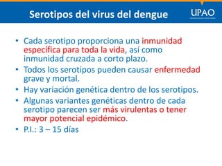 SECCIÓN DE POSTGRADO DE CIENCIAS DE LA COMUNICACIÓN
Serotipos del virus del dengue
• Cada serotipo proporciona una inmunidad
específica para toda la vida, así como
inmunidad cruzada a corto plazo.
• Todos los serotipos pueden causar enfermedad
grave y mortal.
• Hay variación genética dentro de los serotipos.
• Algunas variantes genéticas dentro de cada
serotipo parecen ser más virulentas o tener
mayor potencial epidémico.
• P.I.: 3 – 15 días
 