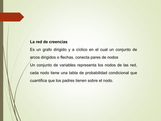 La red de creencias
Es un grafo dirigido y a cíclico en el cual un conjunto de
arcos dirigidos o flechas, conecta pares de nodos
Un conjunto de variables representa los nodos de las red,
cada nodo tiene una tabla de probabilidad condicional que
cuantifica que los padres tienen sobre el nodo.
 