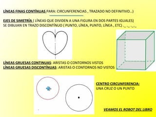 LÍNEAS FINAS CONTÍNUAS PARA: CIRCUNFERENCIAS , TRAZADO NO DEFINITIVO…)

EJES DE SIMETRÍA ( LÍNEAS QUE DIVIDEN A UNA FIGURA EN DOS PARTES IGUALES)
SE DIBUJAN EN TRAZO DISCONTÍNUO ( PUNTO, LÍNEA, PUNTO, LÍNEA , ETC) ._ ._ ._._




LÍNEAS GRUESAS CONTINUAS: ARISTAS O CONTORNOS VISTOS
LÍNEAS GRUESAS DISCONTÍNUAS: ARISTAS O CONTORNOS NO VISTOS



                                                      CENTRO CIRCUNFERENCIA:


                                           .
                                                      UNA CRUZ O UN PUNTO




                                                          VEAMOS EL ROBOT DEL LIBRO
 