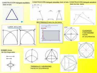 CONSTRUCCIÓN triángulo equilátero     CONSTRUCCIÓN triángulo isósceles dado el lado CONSTRUCCIÓN triángulo escaleno
 dado el lado                                                                        dado los tres lados




                                            RECTÁNGULO dado los dos lados




                                                                                                   CUADRADO
                                                                                                   Y OCTÓGONO
                                                                                                   Inscrito
                                                                                                   en circunferencia




ROMBO dadas
las dos diagonales




                                     TRIÁNGULO Y HEXÁGONO
                                     Inscrito en circunferencia
 