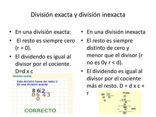 División exacta y división inexacta

• En una división exacta:  • En una división inexacta
• El resto es siempre cero • El resto es siempre
  (r = 0).                   distinto de cero y
• El dividendo es igual al   menor que el divisor (r
  divisor por el cociente.   no es 0y r < d).
  D=d x c                  • El dividendo es igual al
                             divisor por el cociente
                             más el resto. D = d x c +
                             r
 