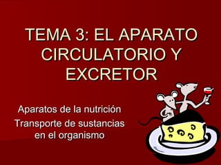 TEMA 3: EL APARATOTEMA 3: EL APARATO
CIRCULATORIO YCIRCULATORIO Y
EXCRETOREXCRETOR
Aparatos de la nutriciónAparatos de la nutrición
Transporte de sustanciasTransporte de sustancias
en el organismoen el organismo
 