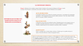 LA SOCIEDAD URBANA
Burgués. Habitante de las ciudades, aunque al inicio el término solo era para los habitantes del burgo, o barrio
en el que vivían artesanos y comerciante, más tarde se les llamó a todos los habitantes de las ciudades.
DIFERENCIAS ENTRE SUS
HABITANTES SEGÚN SU
POSICIÓN ECONÓMICA
ALTA BURGUESÍA
Controlaban el gobierno de la ciudad. Sus miembros pertenecían a las familias de los principales
mercaderes y de los propietarios de los mayores talleres artesanos. E alto clero urbano formaba
parte de este grupo (obispos, cardenales..)
BAJA BURGUESÍA
Componían la mayor parte de la población urbana. Trabajaban para los ricos burgueses tanto en
los talleres artesanales (artesanos), como en los comercios (tenderos) o el servicio doméstico.
También componía parte de esta sociedad los sacerdotes, frailes y estudiantes.
MARGINADOS
Pobres y mendigos que no tenían trabajo, enfermos y lisiados que no se podían valer por si
mismo. Vivían de la limosna o incluso de pequeños hurtos.
Además de la diferenciación económica, los burgueses se diferenciaban por su religión, creando barrios propios para
cada una de ellas. En la Península Ibérica tenemos presencia de judíos (que vivían en el barrio llamado aljama o judería)
y de la población islámica que permaneció tras la reconquista (que vivían en las morerías). Dichas diferencias se
mantuvieron mientras existió tolerancia religiosa. Con el inicio de la Edad Moderna al final del s. XV, se comenzó con la
unificación religiosa expulsando sucesivamente a judíos y moriscos.
 