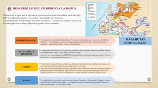 EL DESARROLLO DEL COMERCIO Y LA BANCA
El comercio al igual que la agricultura experimentó un gran desarrollo a partir del siglo
XII, la población aumentó y se produce necesidades de productos.
Los productos se transportaban por tierra (en carros) y, sobre todo, en barco a través de
los principales ríos y mares. Había dos grandes rutas marítimas.
• Venecia, Génova, Marsella, Barcelona y Valencia comerciaban con los puertos de Oriente
Próximo y con el Imperio Bizantino. Importaban productos de lujo como la seda y las
especias, y exportaban tejidos, armas y herramientas
MEDITERRÁNEO:
• Comprendía desde Lisboa y los puertos castellanos del cantábrico hasta los del Mar Báltico.
Se transportaban lanas, vinos, pieles, maderas y trigo.
• Esta ruta era controlada por la HANSA, asociación de comerciantes que para hacer frente a
la piratería y promocionar el comercio.
ATLÁNTICO Y
BÁLTICO
• Una función esencial de las ciudades era albergar el mercado al que acudían campesinos de
la zona para intercambiar productos agrícolas por artesanía.
• Algunas ciudades señalaron unos días especiales para realizar un mercado y decretaron leyes
para proteger a los mercaderes. Aparecieron las ferias, que eran mercados periódicos de
grandes dimensiones donde se compraban y vendían grandes cantidades de productos
FERIAS
• La expansión del comercio aportó nuevas técnicas bancarias y financieras. Empezó a usarse
el crédito para financiar los viajes y se establece la letra de cambio que permitió viajar sin
dinero en metálico, evitó muchos robos
BANCA
MAPA RUTAS
COMERCIALES
 