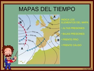 MAPAS DEL TIEMPO
            INDICA LOS
            ELEMENTOS DEL MAPA:

            • ALTAS PRESIONES

            • BAJAS PRESIONES

            • FRENTE FRIO

            • FRENTE CÁLIDO
 