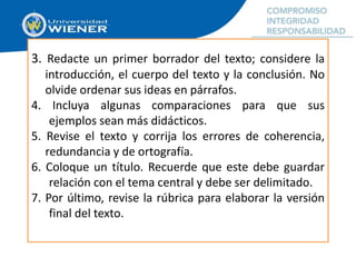 3. Redacte un primer borrador del texto; considere la
introducción, el cuerpo del texto y la conclusión. No
olvide ordenar sus ideas en párrafos.
4. Incluya algunas comparaciones para que sus
ejemplos sean más didácticos.
5. Revise el texto y corrija los errores de coherencia,
redundancia y de ortografía.
6. Coloque un título. Recuerde que este debe guardar
relación con el tema central y debe ser delimitado.
7. Por último, revise la rúbrica para elaborar la versión
final del texto.
 