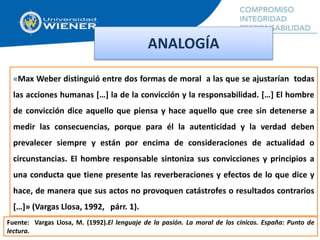 ANALOGÍA
«Max Weber distinguió entre dos formas de moral a las que se ajustarían todas
las acciones humanas […] la de la convicción y la responsabilidad. […] El hombre
de convicción dice aquello que piensa y hace aquello que cree sin detenerse a
medir las consecuencias, porque para él la autenticidad y la verdad deben
prevalecer siempre y están por encima de consideraciones de actualidad o
circunstancias. El hombre responsable sintoniza sus convicciones y principios a
una conducta que tiene presente las reverberaciones y efectos de lo que dice y
hace, de manera que sus actos no provoquen catástrofes o resultados contrarios
[…]» (Vargas Llosa, 1992, párr. 1).
Fuente: Vargas Llosa, M. (1992).El lenguaje de la pasión. La moral de los cínicos. España: Punto de
lectura.
 
