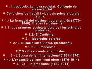  .. Introducció. La nova societat. Concepte deIntroducció. La nova societat. Concepte de
classe social.classe social.
 Condicions de treball i vida dels primers obrersCondicions de treball i vida dels primers obrers
fabrils.fabrils.
 1.- La formació del moviment obrer anglés (1770-1.- La formació del moviment obrer anglés (1770-
1848). Etapes i moviments.1848). Etapes i moviments.
 1.1.-Les primeres societats obreres i les primeres1.1.-Les primeres societats obreres i les primeres
protestes.protestes.
 1.2.-El Cartisme.1.2.-El Cartisme.
 2.- Ideologies obreres2.- Ideologies obreres
 2.1.- El socialisme utòpic. (precedent)2.1.- El socialisme utòpic. (precedent)
 2.2.- El marxisme.2.2.- El marxisme.
 2.3.- Els corrents anarquistes.2.3.- Els corrents anarquistes.
 3.- L’època de la I Internacional (1861-1876)3.- L’època de la I Internacional (1861-1876)
 4.- L’expansió del moviment obrer (1876-1914)4.- L’expansió del moviment obrer (1876-1914)
 5.- La II Internacional (1889-1914)5.- La II Internacional (1889-1914)
 