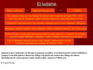 El ludismeEl ludisme..
Males condicions Repressió dels governs LUDISME+ =
Es va desenvolupar per tota Europa Occidental entre el principi del segle XIX i 1840 i
rep el seu nom de l’imaginari capità Ludd que signava les cartes dels obrers en G.B.
Demandes: augment salarial, retirar màquines, millors condicions laborals, dret d’associació
Forma d’actuar: enviar cartes als burgesos amb les seues peticions i, si aquests no complien,
actuaven cremant fàbriques i màquines o contra el burgès (moviment inconoclasta).
Composició: majoritàriament eren artesans, amenaçats per les noves màquines i fàbriques.
Van ser durament reprimits pels governs: penjats, empresonats o enviant
l’exèrcit a assassinar-los (matança de Peterloo, 1819).
“Senyor, se m’ha informat que vostè és propietari d’unes quantes d’aquestes detestables màquines esquilado-
res. Sàpiga que si no són retirades al final de la setmana entrant, encarregaré a un dels meus lloctinents que
les destrueisca. I si vostè té l’audàcia de disparar contra qualsevol dels meus homes, ells tenen ordres
d’assassinar-lo a vostè i cremar la casa”
Ned Ludd, general de l’exèrcit dels justiciers (1812).
Aquesta és per a informar-vos del que us passarà, cavallers, si no destrosseu les vostres trilladores
i pugeu el sou dels pobres i doneu dos xílings i sis penics als casats i dos xílings als solters.
Incendiarem els vostres graners amb vosaltres dins. Aquest és l’últim avís.
El Capità Swing.
 