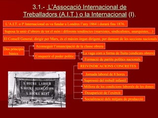3.1.-3.1.- L’Assocació Internacional deL’Assocació Internacional de
Treballadors (A.I.T.) o Ia InternacionalTreballadors (A.I.T.) o Ia Internacional (I).(I).
L’A.I.T. o Iª Internacional es va fundar a Londres l’any 1864 i durarà fins 1876.
Suposa la unió d’obrers de tot el món i diferents tendències (marxistes, sindicalistes, anarquistes,...)
El Consell General, dirigir per Marx, és el màxim òrgan dirigent, per damunt de les seccions nacionals
Dos principis
bàsics
Aconseguir l’emancipació de la classe obrera
Conquerir el poder polític
La vaga com a forma de lluita (sindicats obrers)
Formació de partits polítics nacionals
REIVINDICACIONS CONCRETES
Jornada laboral de 8 hores
Supressió del treball infantil
Millora de les condicions laborals de les dones
Desaparició de l’exèrcit
Socialització dels mitjans de producció
 