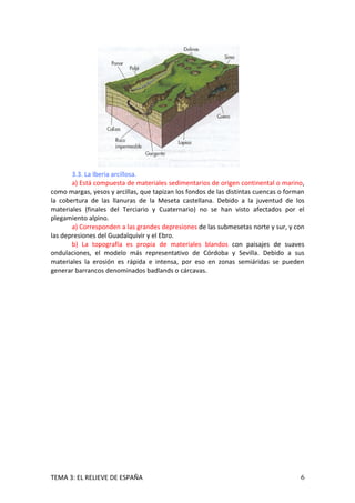 3.3. La Iberia arcillosa.
       a) Está compuesta de materiales sedimentarios de origen continental o marino,
como margas, yesos y arcillas, que tapizan los fondos de las distintas cuencas o forman
la cobertura de las llanuras de la Meseta castellana. Debido a la juventud de los
materiales (finales del Terciario y Cuaternario) no se han visto afectados por el
plegamiento alpino.
       a) Corresponden a las grandes depresiones de las submesetas norte y sur, y con
las depresiones del Guadalquivir y el Ebro.
       b) La topografía es propia de materiales blandos con paisajes de suaves
ondulaciones, el modelo más representativo de Córdoba y Sevilla. Debido a sus
materiales la erosión es rápida e intensa, por eso en zonas semiáridas se pueden
generar barrancos denominados badlands o cárcavas.




TEMA 3: EL RELIEVE DE ESPAÑA                                                         6
 