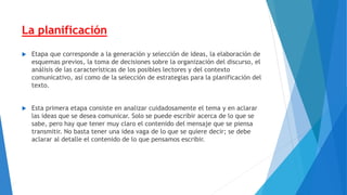La planificación
 Etapa que corresponde a la generación y selección de ideas, la elaboración de
esquemas previos, la toma de decisiones sobre la organización del discurso, el
análisis de las características de los posibles lectores y del contexto
comunicativo, así como de la selección de estrategias para la planificación del
texto.
 Esta primera etapa consiste en analizar cuidadosamente el tema y en aclarar
las ideas que se desea comunicar. Solo se puede escribir acerca de lo que se
sabe, pero hay que tener muy claro el contenido del mensaje que se piensa
transmitir. No basta tener una idea vaga de lo que se quiere decir; se debe
aclarar al detalle el contenido de lo que pensamos escribir.
 