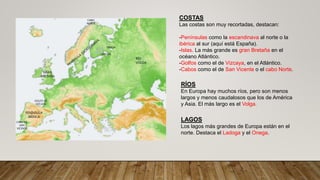 COSTAS
Las costas son muy recortadas, destacan:
-Penínsulas como la escandinava al norte o la
ibérica al sur (aquí está España).
-Islas. La más grande es gran Bretaña en el
océano Atlántico.
-Golfos como el de Vizcaya, en el Atlántico.
-Cabos como el de San Vicente o el cabo Norte.
RÍOS
En Europa hay muchos ríos, pero son menos
largos y menos caudalosos que los de América
y Asia. El más largo es el Volga.
LAGOS
Los lagos más grandes de Europa están en el
norte. Destaca el Ladoga y el Onega.
GOLFO DE
VIZCAYA
CABO DE
SAN
VICENTE
GRAN
BRETAÑA
PENÍNSULA
IBÉRICA
LADOGA
ONEGA
RÍO
VOLGA
CABO
NORTE
 