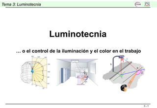 3 - 1
Tema 3: Luminotecnia
Luminotecnia
… o el control de la iluminación y el color en el trabajo
 