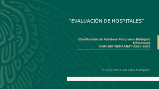 25 DE JUNIO DE
“EVALUACIÓN DE HOSPITALES”
Clasificación de Residuos Peligrosos Biológico
Infecciosos
NOM-087-SEMARNAT-SSA1-2002
M.en C.María Lilia Calva Rodríguez
 