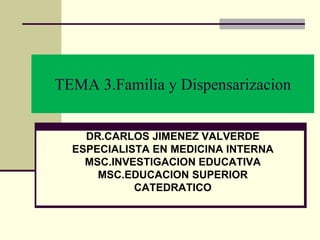 TEMA 3.Familia y Dispensarizacion
DR.CARLOS JIMENEZ VALVERDE
ESPECIALISTA EN MEDICINA INTERNA
MSC.INVESTIGACION EDUCATIVA
MSC.EDUCACION SUPERIOR
CATEDRATICO
 