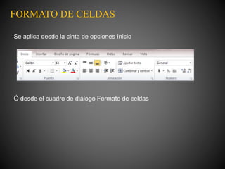 FORMATO DE CELDAS
Se aplica desde la cinta de opciones Inicio
Ó desde el cuadro de diálogo Formato de celdas
 