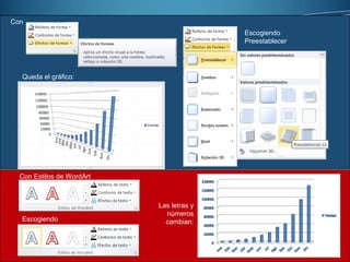 Con: 
Escogiendo 
Preestablecer 
Queda el gráfico: 
Con Estilos de WordArt 
Escogiendo 
Las letras y 
números 
cambian: 
 